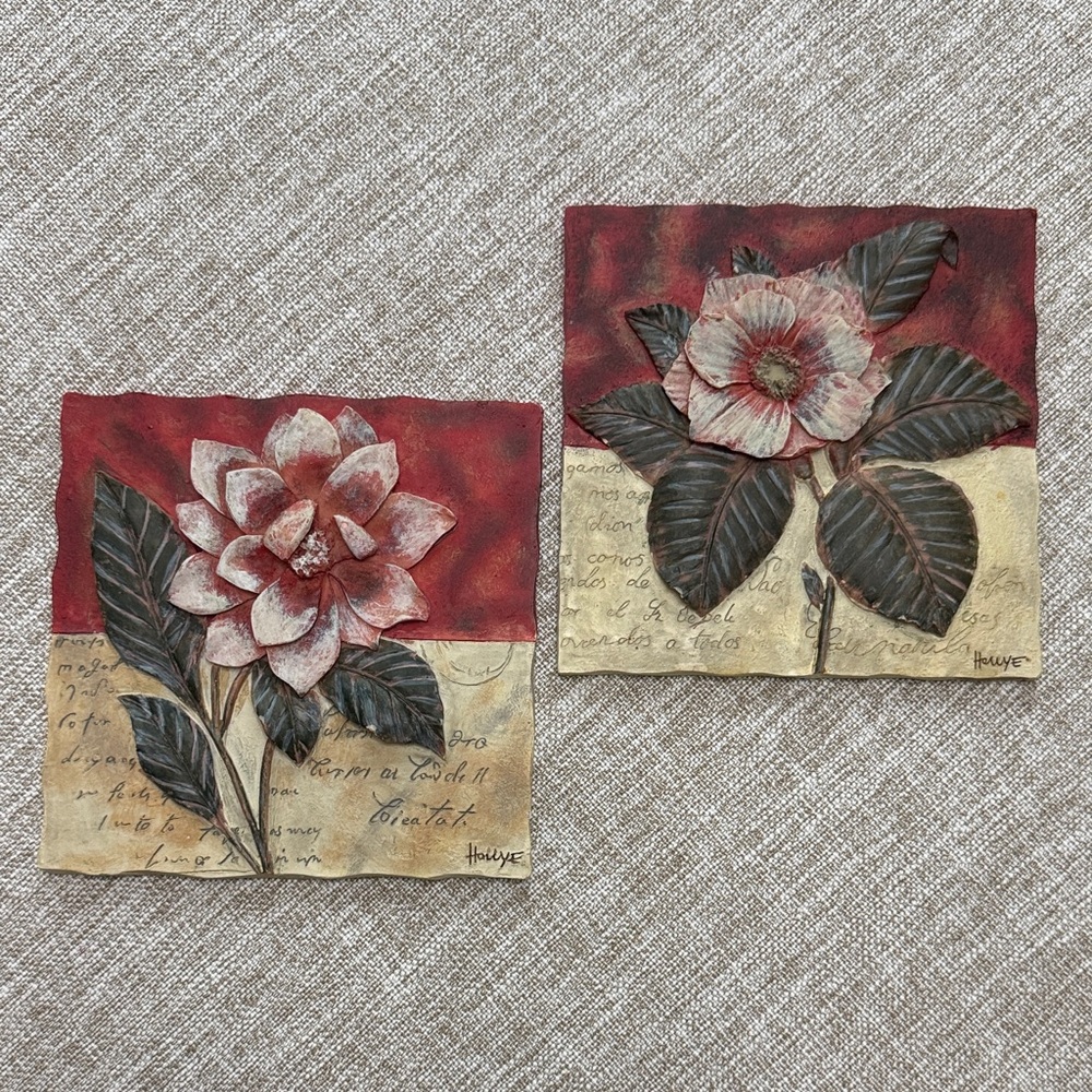 Vintage 3D Wall Art Floral Tiles 5.5x5.5" Set of 2
